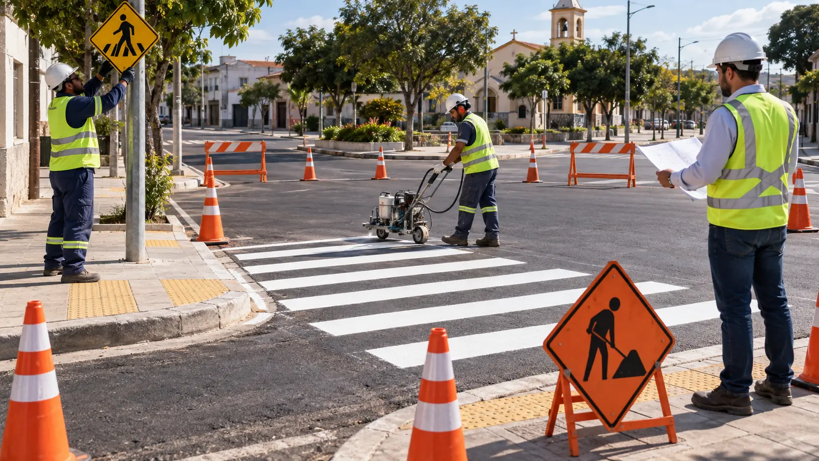 Equipe executando sinalização viária em uma esquina interditada, com troca de placa, pintura de faixa e acompanhamento técnico