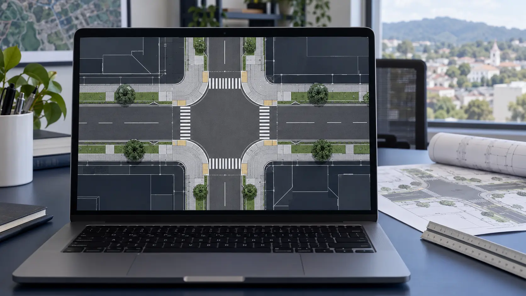 Projeto técnico de cruzamento urbano aberto na tela de um notebook