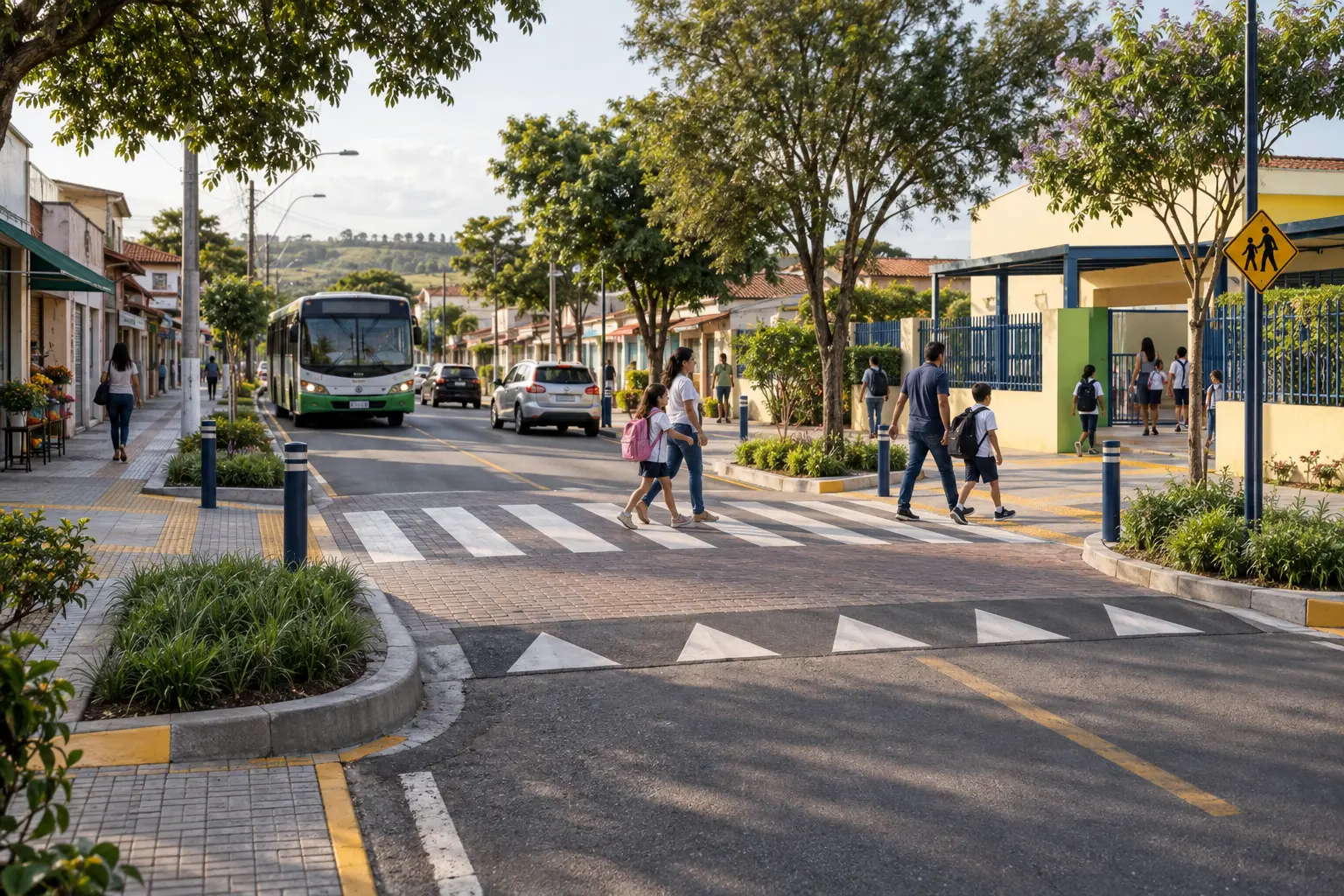 Rua escolar segura em uma cidade do interior, com travessia elevada e acessível